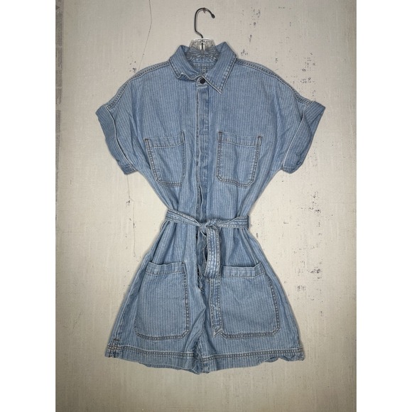 The Unbranded Brand Pants - Etica Adeya Pinstripe Denim Light Wash Blue Utility Romper Belted | Tagged Sz: S